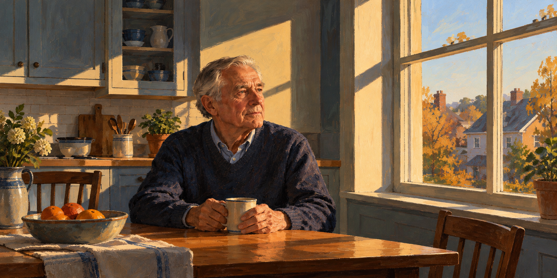 Oil-style illustration of an older man seated beside a kitchen window, with warm afternoon light across his face and cool shadows around him.